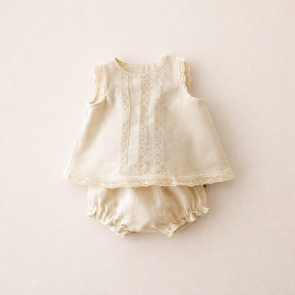 Conjunto bebé lino natural · puntillas valencienne