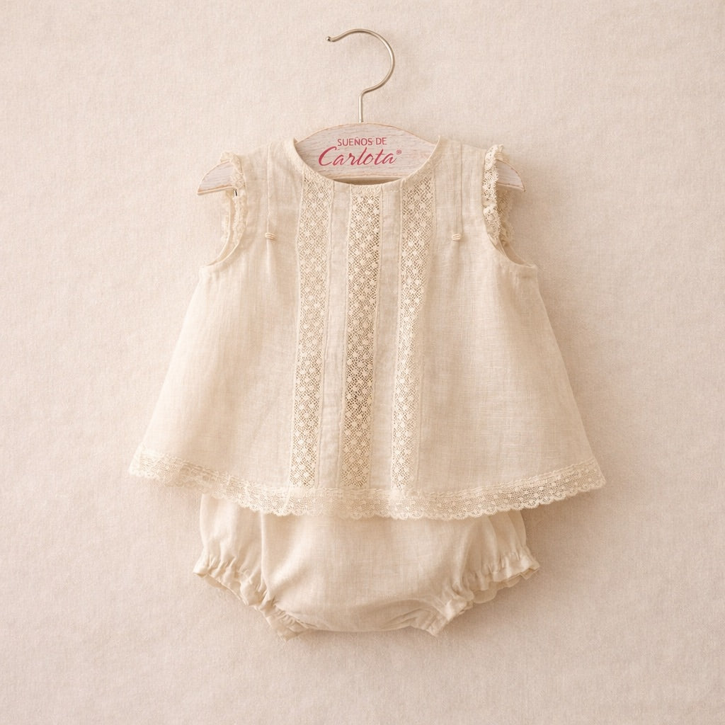 Conjunto bebé lino natural · puntillas valencienne